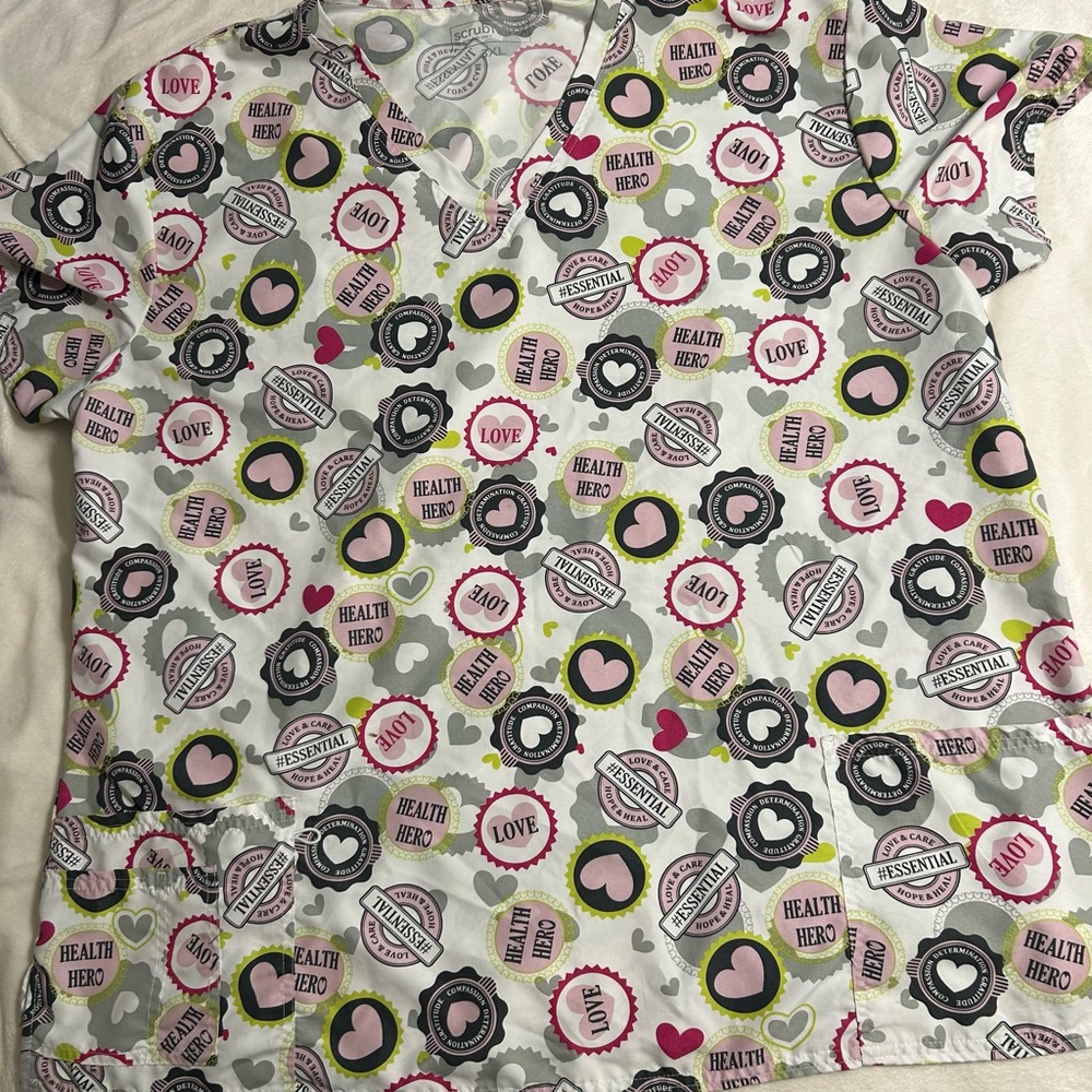 Barely worn 3XL Medical Scrub Top. White, pink, and gray